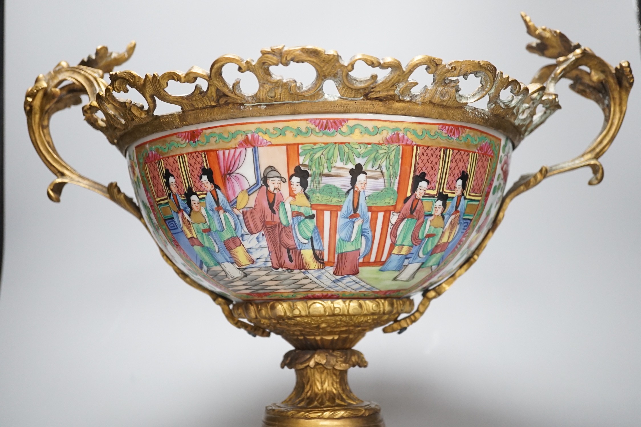 A late 19th century Chinese famille rose bowl with French ormolu mounts, 32cm